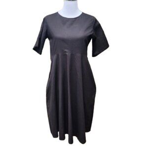 baw shop Black 100% Cotton Dress Pockets Flare Short Sleeves Solid
